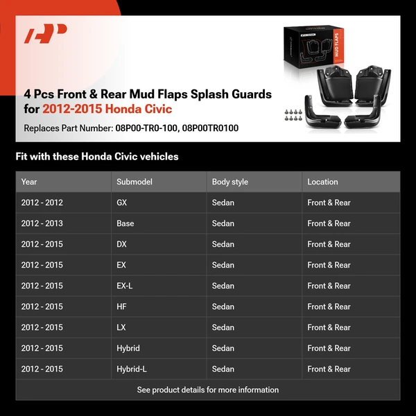 4 Pcs Front & Rear Mud Flaps Splash Guards for 2012-2015 Honda Civic