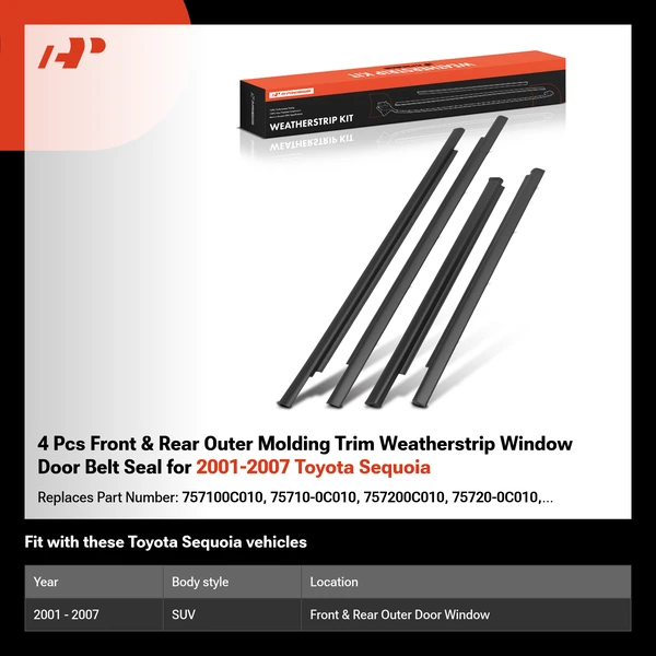 4 Pcs Front & Rear Outer Molding Trim Weatherstrip Window Door Belt Seal for 2001-2007 Toyota Sequoia