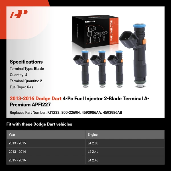 2013-2016 Dodge Dart 4-Pc Fuel Injector 2-Blade Terminal A-Premium APFI227
