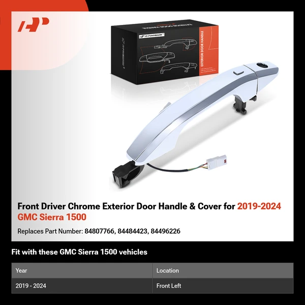 Front Driver Chrome Exterior Door Handle & Cover for 2019-2024 GMC Sierra 1500