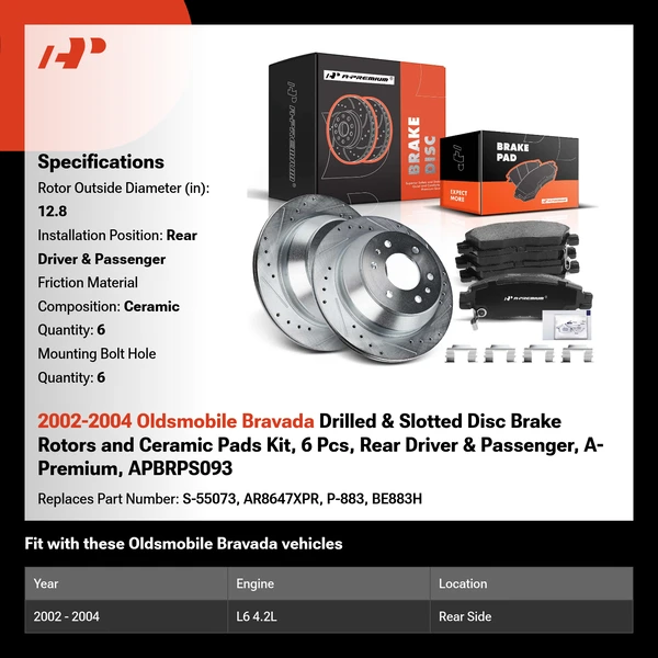 2002-2004 Oldsmobile Bravada Drilled & Slotted Disc Brake Rotors and Ceramic Pads Kit, 6 Pcs, Rear Driver & Passenger, A-Premium, APBRPS093