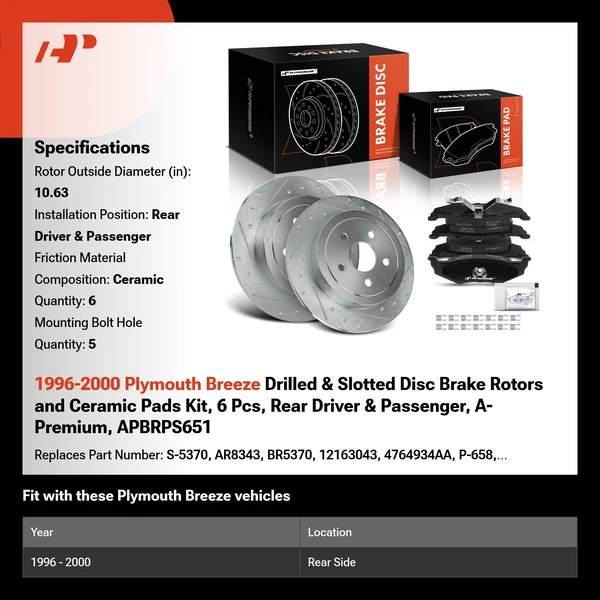 1996-2000 Plymouth Breeze Drilled & Slotted Disc Brake Rotors and Ceramic Pads Kit, 6 Pcs, Rear Driver & Passenger, A-Premium, APBRPS651