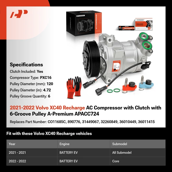 2021-2022 Volvo XC40 Recharge AC Compressor with Clutch with 6-Groove Pulley A-Premium APACC724