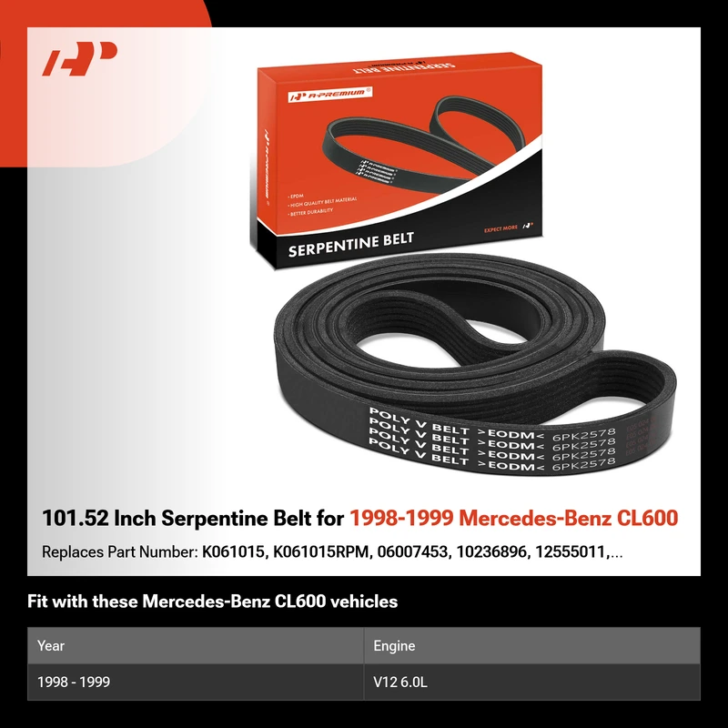 101.52 Inch Serpentine Belt for 1998-1999 Mercedes-Benz CL600
