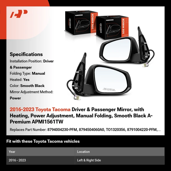 2016-2023 Toyota Tacoma Driver & Passenger Mirror, with Heating, Power Adjustment, Manual Folding, Smooth Black A-Premium APMI1561TW