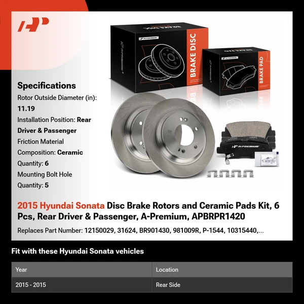 2015 Hyundai Sonata Disc Brake Rotors and Ceramic Pads Kit, 6 Pcs, Rear Driver & Passenger, A-Premium, APBRPR1420