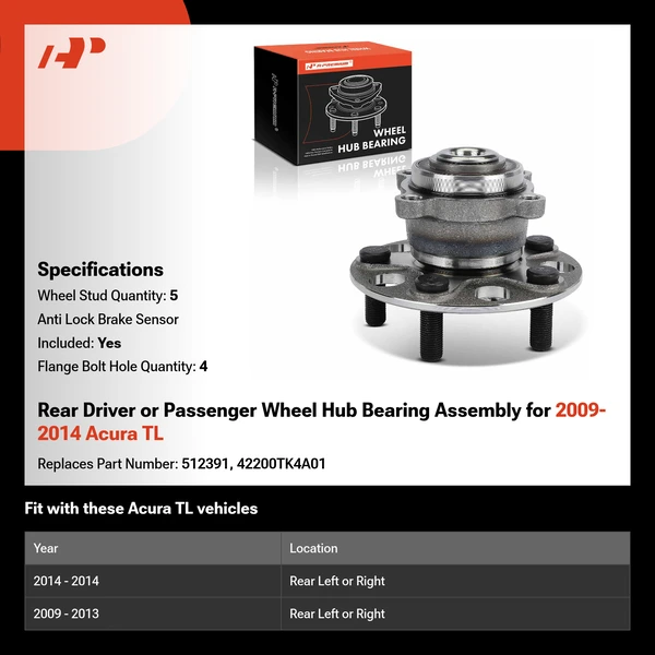 Rear Driver or Passenger Wheel Hub Bearing Assembly for 2009-2014 Acura TL