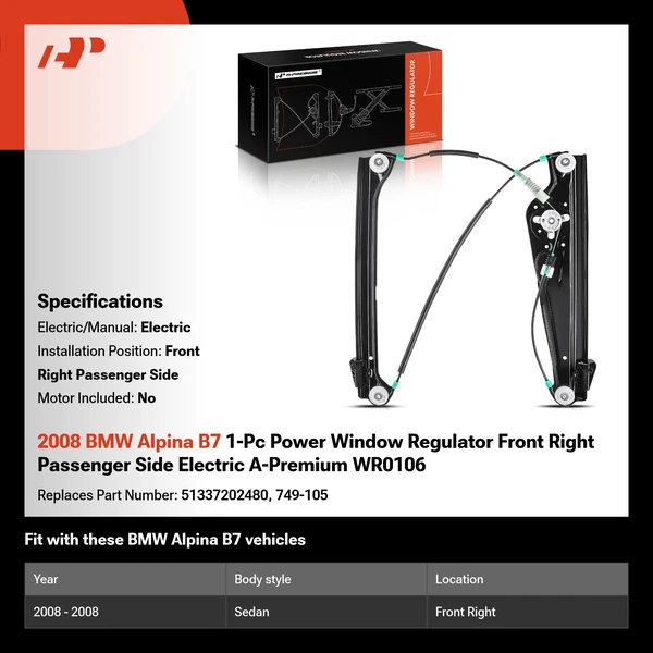 2008 BMW Alpina B7 1-Pc Power Window Regulator Front Right Passenger Side Electric A-Premium WR0106