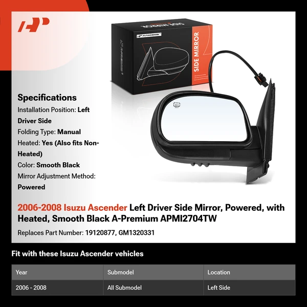 2006-2008 Isuzu Ascender Left Driver Side Mirror, Powered, with Heated, Smooth Black A-Premium APMI2704TW