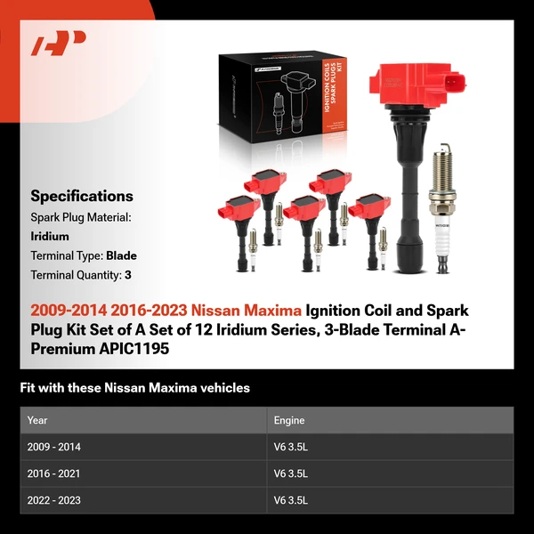 2009-2014 2016-2023 Nissan Maxima Ignition Coil and Spark Plug Kit Set of A Set of 12 Iridium Series, 3-Blade Terminal A-Premium APIC1195