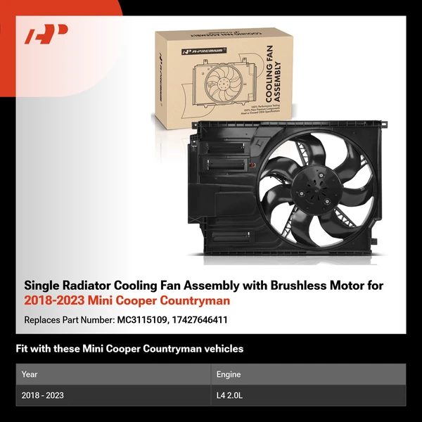 Single Radiator Cooling Fan Assembly with Brushless Motor for 2018-2023 Mini Cooper Countryman