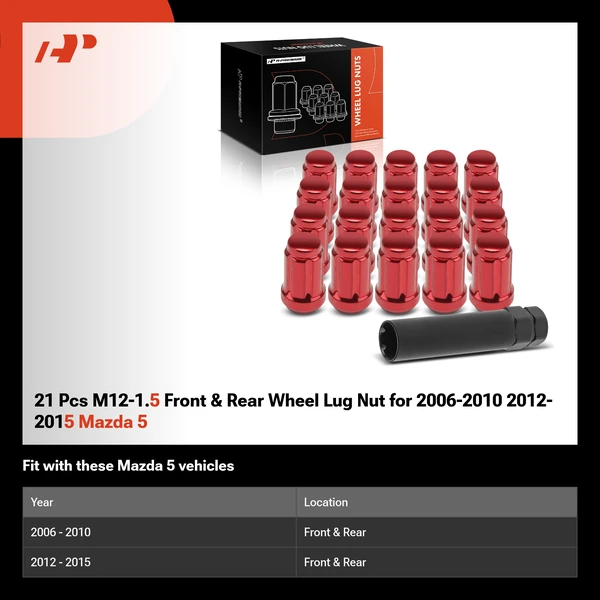 21 Pcs M12-1.5 Front & Rear Wheel Lug Nut for 2006-2010 2012-2015 Mazda 5