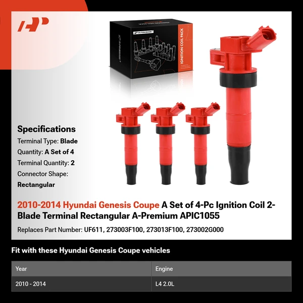 2010-2014 Hyundai Genesis Coupe A Set of 4-Pc Ignition Coil 2-Blade Terminal Rectangular A-Premium APIC1055