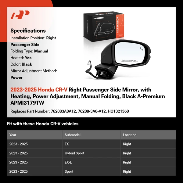 2023-2025 Honda CR-V Right Passenger Side Mirror, with Heating, Power Adjustment, Manual Folding, Black A-Premium APMI3179TW