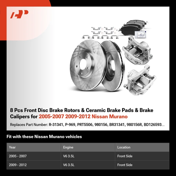 8 Pcs Front Disc Brake Rotors & Ceramic Brake Pads & Brake Calipers for 2005-2007 2009-2012 Nissan Murano