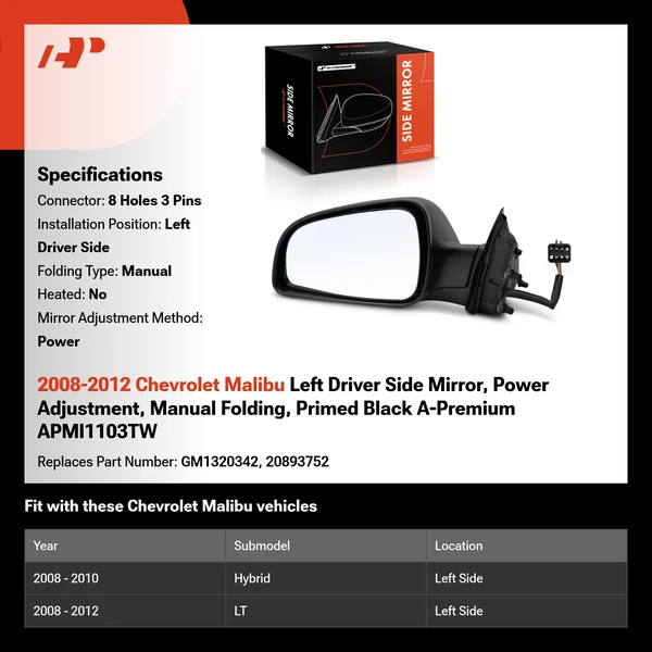 2008-2012 Chevrolet Malibu Left Driver Side Mirror, Power Adjustment, Manual Folding, Primed Black A-Premium APMI1103TW