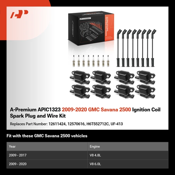 A-Premium APIC1323 2009-2020 GMC Savana 2500 Ignition Coil Spark Plug and Wire Kit
