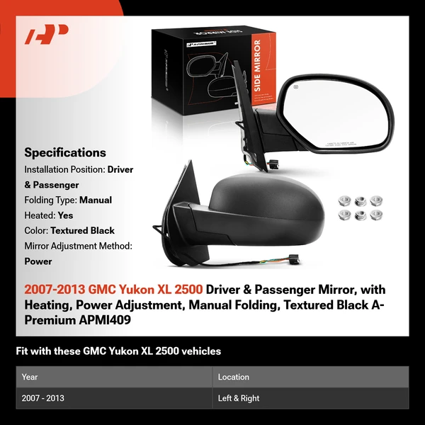2007-2013 GMC Yukon XL 2500 Driver & Passenger Mirror, with Heating, Power Adjustment, Manual Folding, Textured Black A-Premium APMI409
