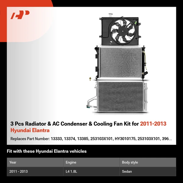 3 Pcs Radiator & AC Condenser & Cooling Fan Kit for 2011-2013 Hyundai Elantra