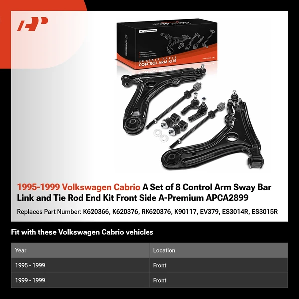 1995-1999 Volkswagen Cabrio A Set of 8 Control Arm Sway Bar Link and Tie Rod End Kit Front Side A-Premium APCA2899