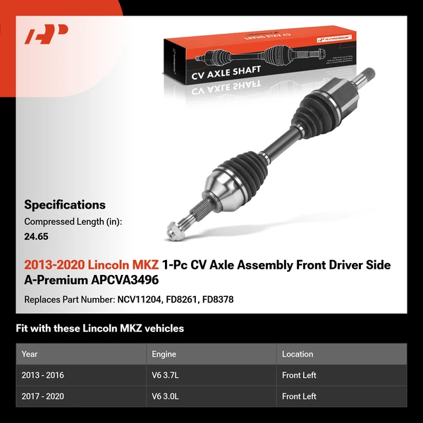 2013-2020 Lincoln MKZ 1-Pc CV Axle Assembly Front Driver Side A-Premium APCVA3496