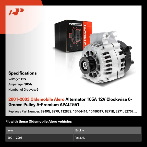 2001-2003 Oldsmobile Alero Alternator 105A 12V Clockwise 6-Groove Pulley A-Premium APALT551