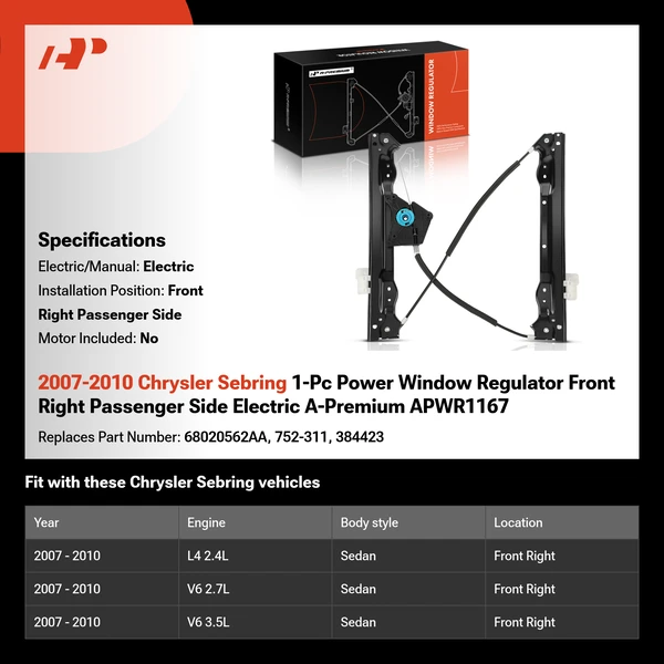 2007-2010 Chrysler Sebring 1-Pc Power Window Regulator Front Right Passenger Side Electric A-Premium APWR1167