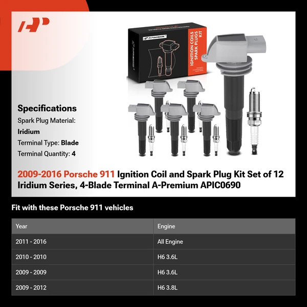 2009-2016 Porsche 911 Ignition Coil and Spark Plug Kit Set of 12 Iridium Series, 4-Blade Terminal A-Premium APIC0690