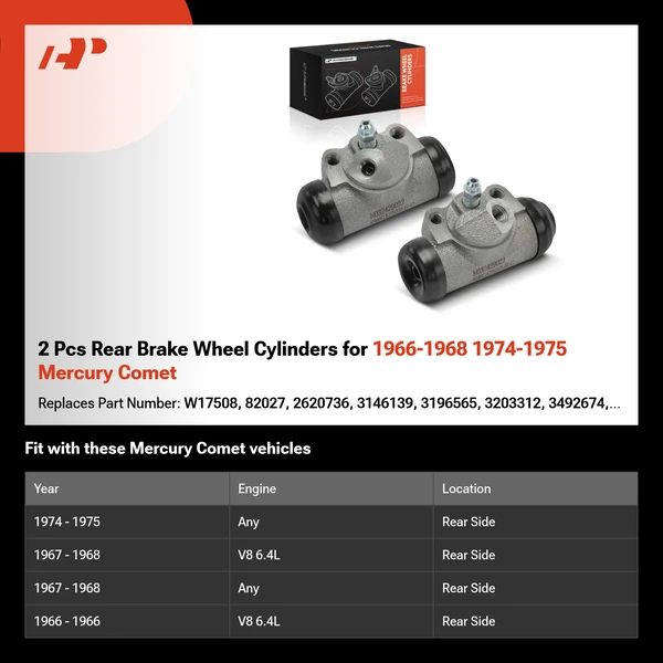 2 Pcs Rear Brake Wheel Cylinders for 1966-1968 1974-1975 Mercury Comet