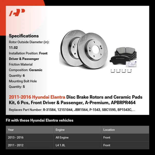2011-2016 Hyundai Elantra Disc Brake Rotors and Ceramic Pads Kit, 6 Pcs, Front Driver & Passenger, A-Premium, APBRPR464