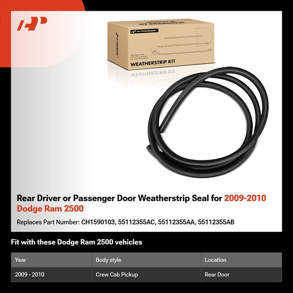 Rear Driver or Passenger Door Weatherstrip Seal for 2009-2010 Dodge Ram 2500