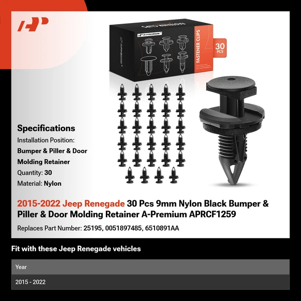 2015-2022 Jeep Renegade 30 Pcs 9mm Nylon Black Bumper & Piller & Door Molding Retainer A-Premium APRCF1259
