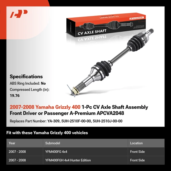 2007-2008 Yamaha Grizzly 400 1-Pc CV Axle Shaft Assembly Front Driver or Passenger A-Premium APCVA2048
