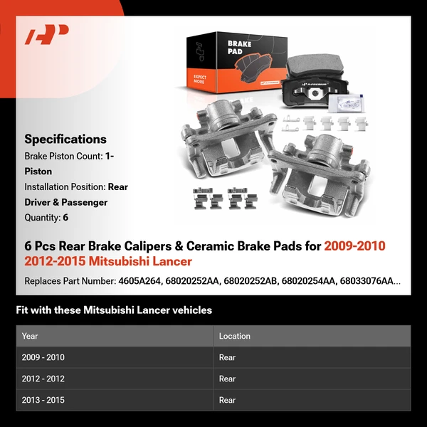 6 Pcs Rear Brake Calipers & Ceramic Brake Pads for 2009-2010 2012-2015 Mitsubishi Lancer