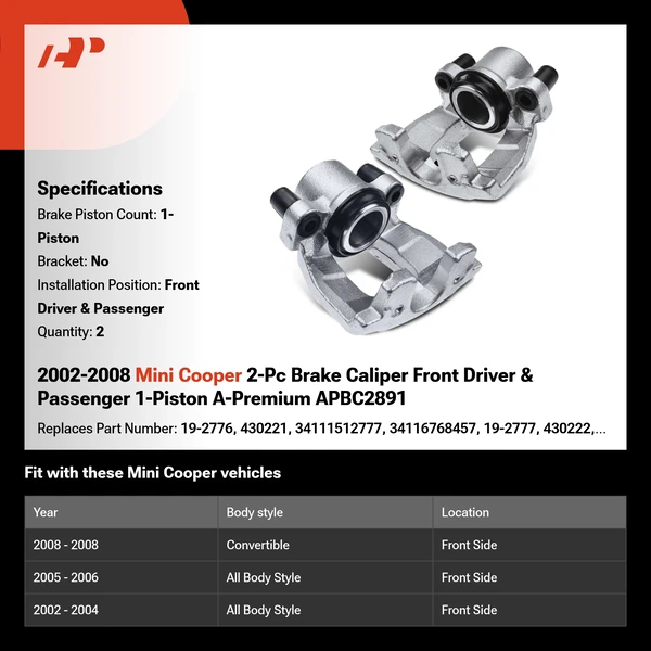 2002-2008 Mini Cooper 2-Pc Brake Caliper Front Driver & Passenger 1-Piston A-Premium APBC2891