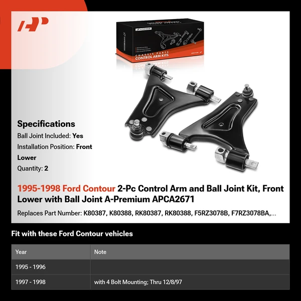 1995-1998 Ford Contour 2-Pc Control Arm and Ball Joint Kit, Front Lower with Ball Joint A-Premium APCA2671