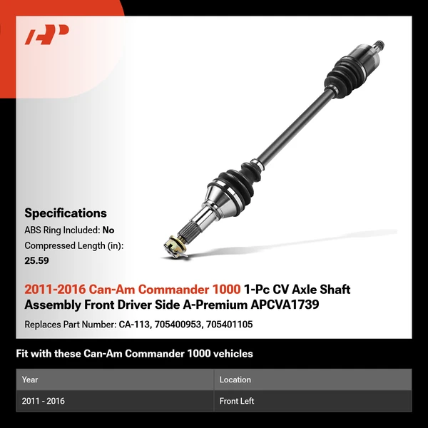 2011-2016 Can-Am Commander 1000 1-Pc CV Axle Shaft Assembly Front Driver Side A-Premium APCVA1739