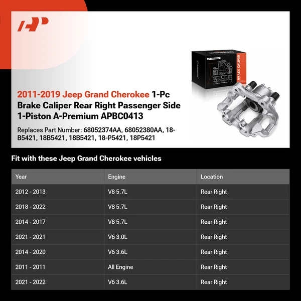 2011-2019 Jeep Grand Cherokee 1-Pc Brake Caliper Rear Right Passenger Side 1-Piston A-Premium APBC0413