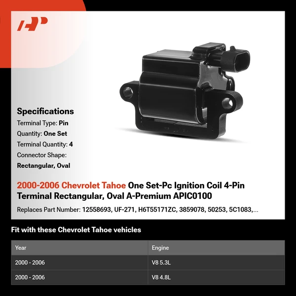 2000-2006 Chevrolet Tahoe One Set-Pc Ignition Coil 4-Pin Terminal Rectangular, Oval A-Premium APIC0100