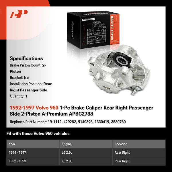 1992-1997 Volvo 960 1-Pc Brake Caliper Rear Right Passenger Side 2-Piston A-Premium APBC2738