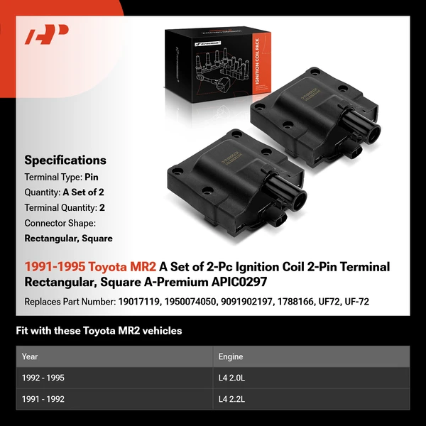 1991-1995 Toyota MR2 A Set of 2-Pc Ignition Coil 2-Pin Terminal Rectangular, Square A-Premium APIC0297