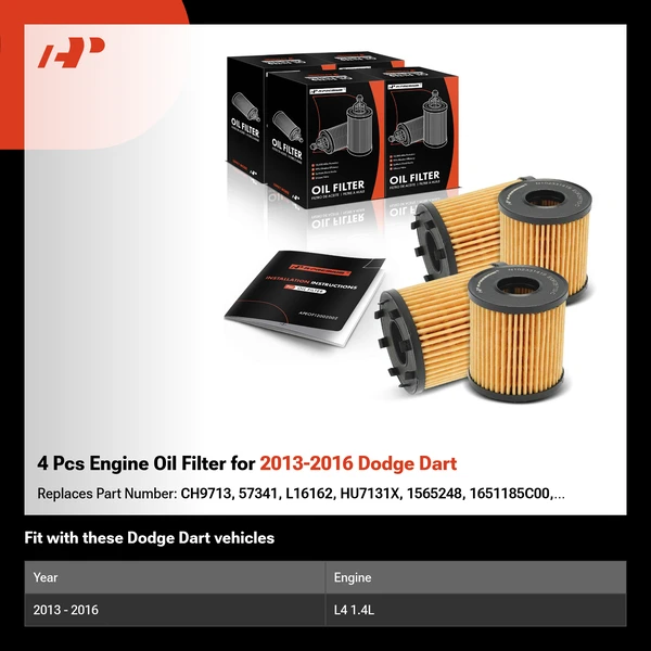 4 Pcs Engine Oil Filter for 2013-2016 Dodge Dart