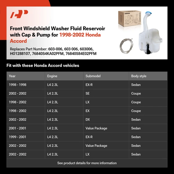 Front Windshield Washer Fluid Reservoir with Cap & Pump for 1998-2002 Honda Accord