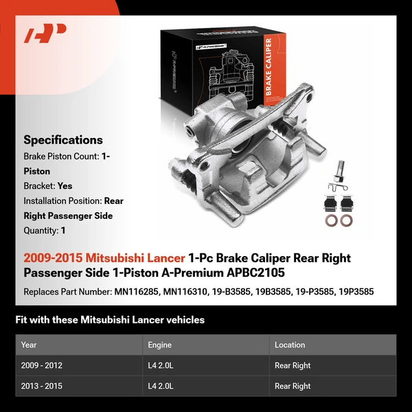 2009-2015 Mitsubishi Lancer 1-Pc Brake Caliper Rear Right Passenger Side 1-Piston A-Premium APBC2105