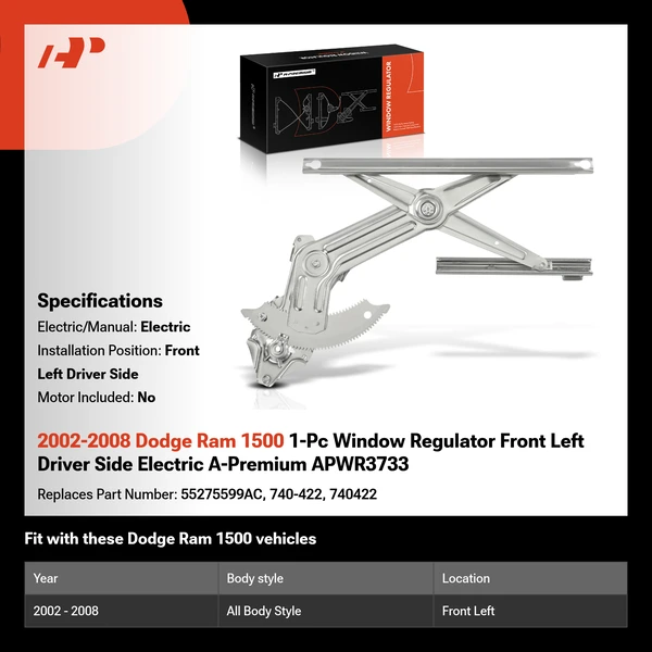 2002-2008 Dodge Ram 1500 1-Pc Window Regulator Front Left Driver Side Electric A-Premium APWR3733