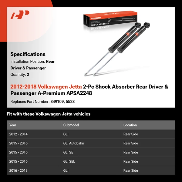2012-2018 Volkswagen Jetta 2-Pc Shock Absorber Rear Driver & Passenger A-Premium APSA2248