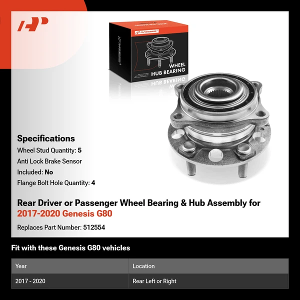 Rear Driver or Passenger Wheel Bearing & Hub Assembly for 2017-2020 Genesis G80