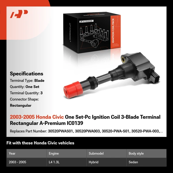 2003-2005 Honda Civic One Set-Pc Ignition Coil 3-Blade Terminal Rectangular A-Premium IC0139