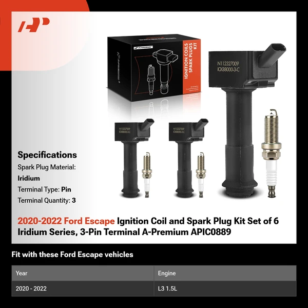 2020-2022 Ford Escape Ignition Coil and Spark Plug Kit Set of 6 Iridium Series, 3-Pin Terminal A-Premium APIC0889