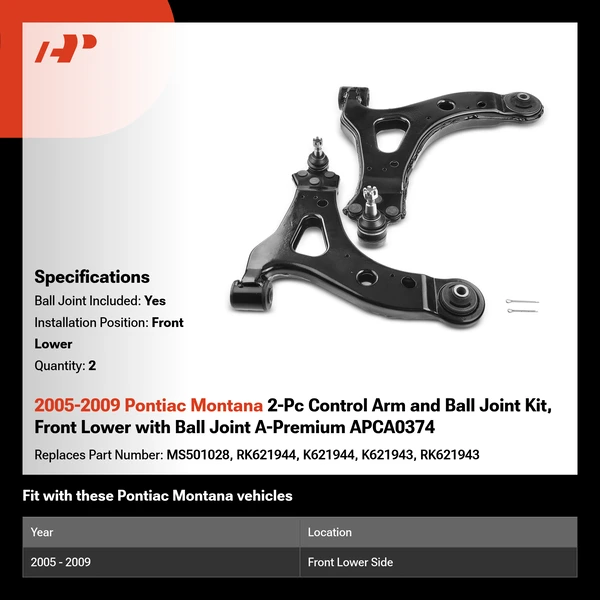2005-2009 Pontiac Montana 2-Pc Control Arm and Ball Joint Kit, Front Lower with Ball Joint A-Premium APCA0374